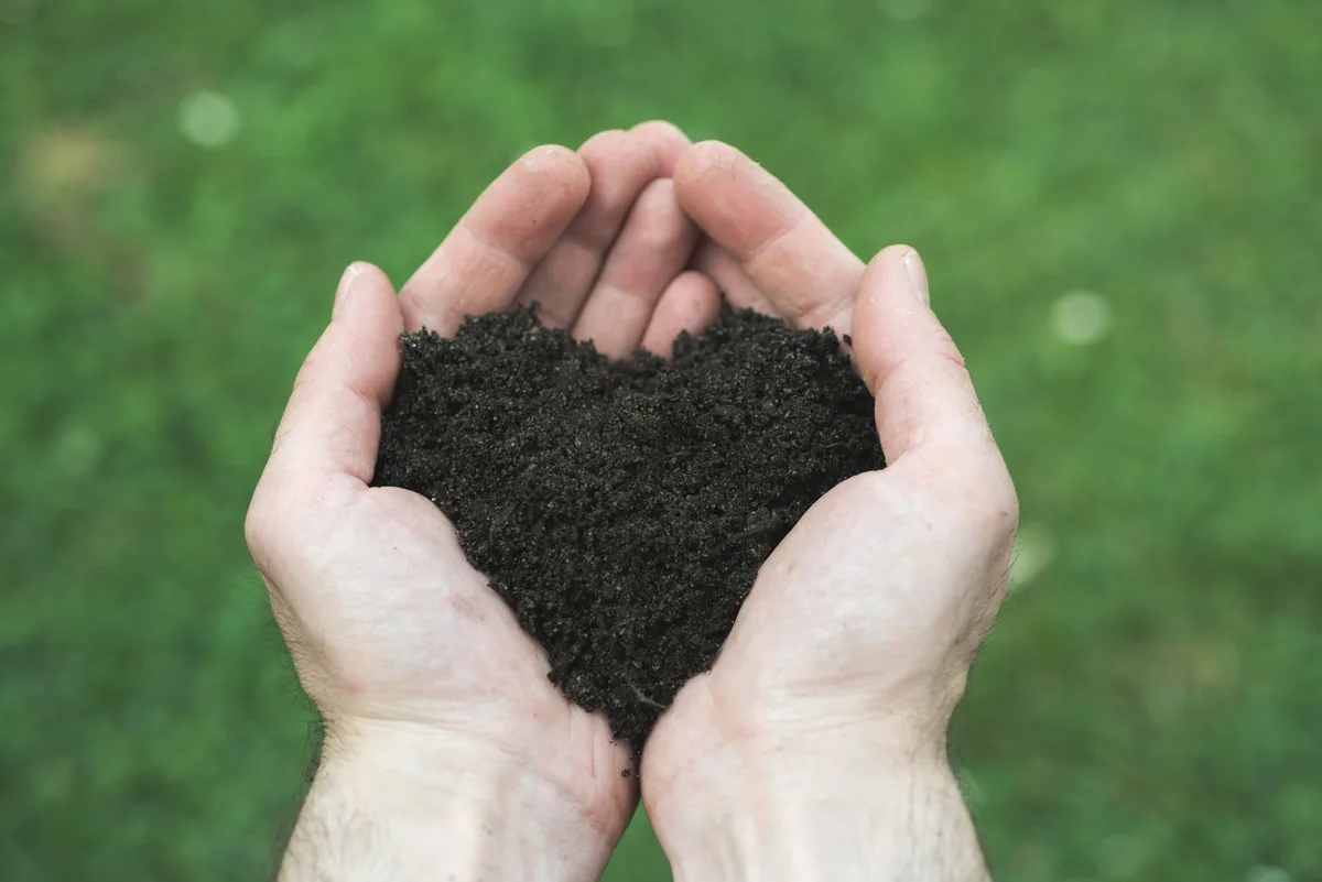 Mãos segurando mineral da Pilareia